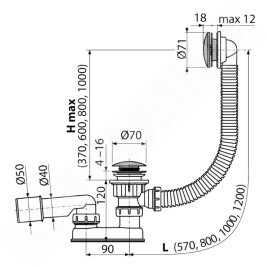 Alcadrain Garnitures de vidage - Kit vidange et trop-plein baignoire, longueur 1200 mm, Click-Clack, chromé A504CKM-120