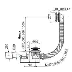 Alcadrain Garnitures de vidage - Kit vidange et trop-plein baignoire, longueur 1200 mm, Click-Clack, chromé A507CKM-120