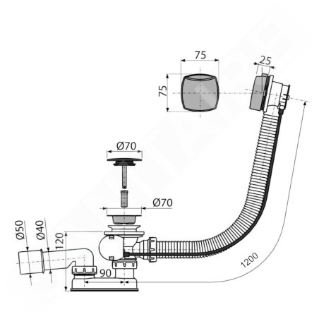 Alcadrain Garnitures de vidage - Kit vidange et trop-plein pour baignoire, longueur 1200 mm, chromé A51CRM-120
