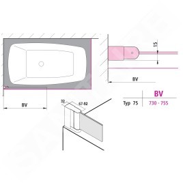 Kermi CADA XS - Paroi de baignoire DFL, 75x160 cm, gauche, argent brillant/verre transparent CKDFL07516VPK