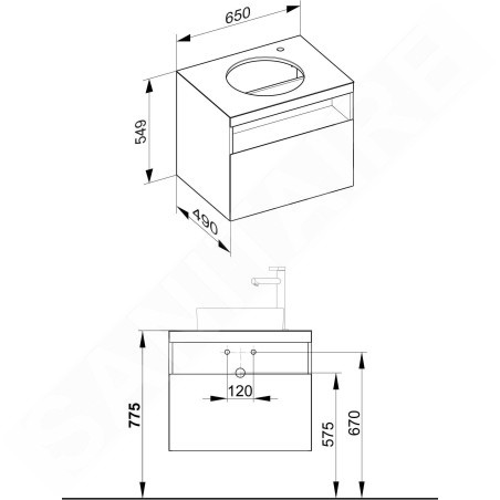 Keuco Stageline - Meuble sous lavabo, 650x550x490 mm, avec découpe pour lavabo et robinetterie à droite, blanc 32855300000