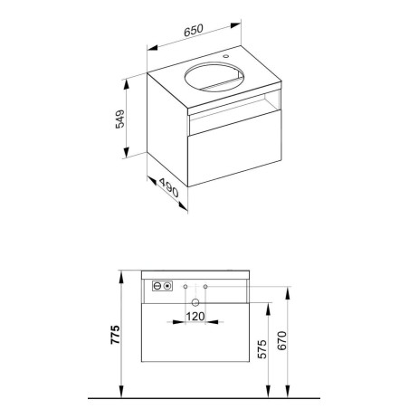Keuco Stageline - Meuble sous lavabo, 650x550x490 mm, avec découpe pour lavabo et robinetterie à droite, avec éclairage et USB,