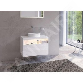 Keuco Stageline - Meuble sous lavabo, 800x550x490 mm, avec découpe pour lavabo et robinetterie à gauche, avec éclairage et USB,
