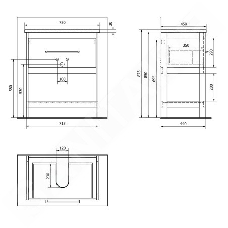 Aqualine Etide - Meuble lavabo 715x850x440 mm, 1x tiroir, blanc mat ET725