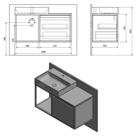 Sapho Skara - Meuble lavabo, 1000x495x465 mm, chêne Alabama/noir mat CG004-2222