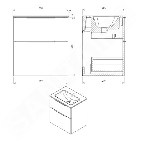 Sapho Cirasa - Meuble lavabo, 59x64x46 cm, 2 tiroirs, pin rustique CR601-1616