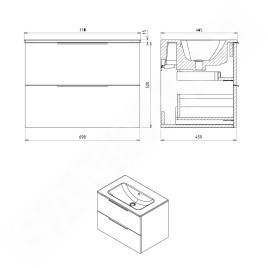 Sapho Cirasa - Meuble-lavabo 70x52x46 cm, 2 tiroirs, chêne argenté CR701-1111