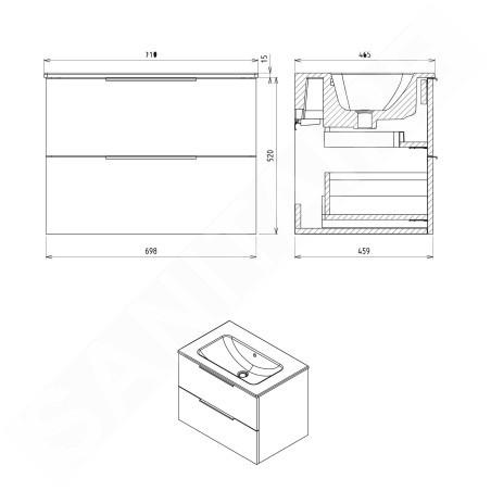 Sapho Cirasa - Meuble-lavabo 70x52x46 cm, 2 tiroirs, chêne argenté CR701-1111
