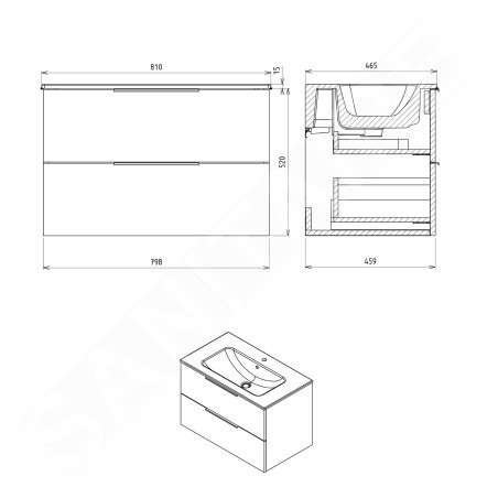 Sapho Cirasa - Meuble lavabo, 80x52x46 cm, 2 tiroirs, pin rustique CR801-1616
