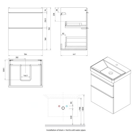 Sapho Sitia - Meuble lavabo 70x56x44 cm, 2 tiroirs, chêne argenté SI060-1111