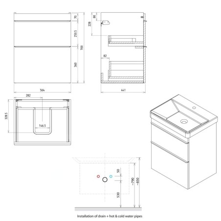 Sapho Sitia - Meuble-lavabo, 70x56x44 cm, 2 tiroirs, blanc mat SI060-3131
