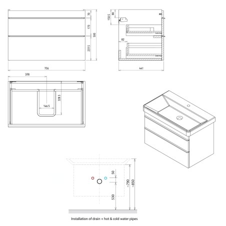 Sapho Sitia - Meuble lavabo 76x50x44 cm, 2 tiroirs, chêne argenté SI080-1111