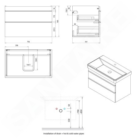 Sapho Sitia - Meuble lavabo 76x50x44 cm, 2 tiroirs, pin rustique SI080-1616