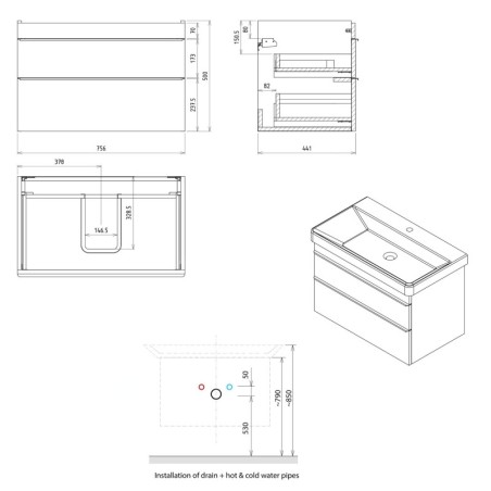 Sapho Sitia - Meuble lavabo 76x50x44 cm, 2 tiroirs, chêne alabama SI080-2222
