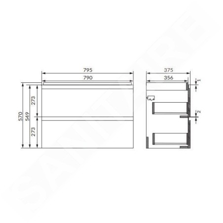 Cersanit Moduo - Meuble-lavabo, 57x80x38cm, 2 tiroirs, anthracite S590-089