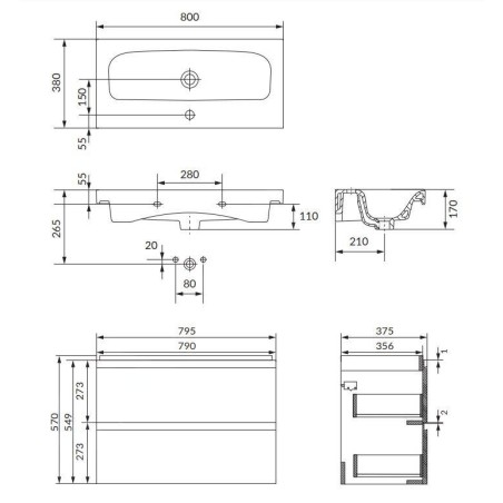 Cersanit Moduo - Meuble avec lavabo, 57x80x38 cm, 2 tiroirs, anthracite S801-468-DSM