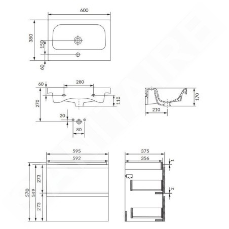 Cersanit Moduo - Meuble avec lavabo, 57x60x38 cm, 2 tiroirs, anthracite S801-469-DSM