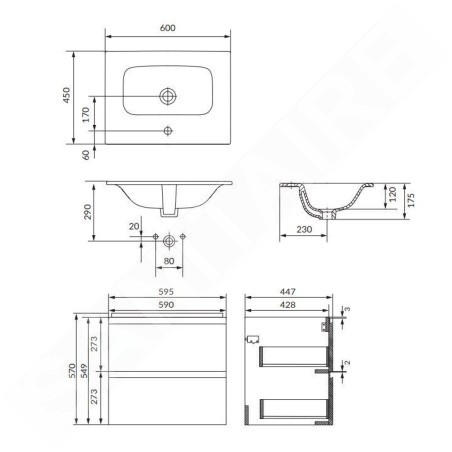 Cersanit Moduo - Meuble avec lavabo, 57x60x45 cm, 2 tiroirs, anthracite S801-480