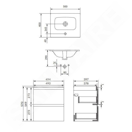 Cersanit Moduo - Meuble avec lavabo, 57x49x40 cm, 2 tiroirs, anthracite S801-482