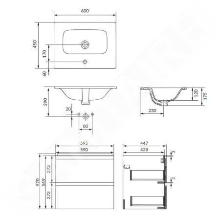 Cersanit Moduo - Meuble avec lavabo, 57x60x45 cm, 2 tiroirs, anthracite S801-483
