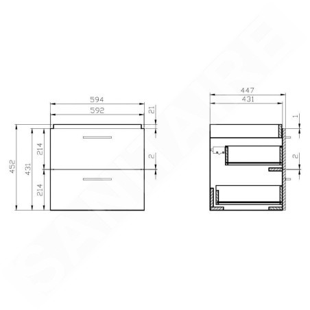 Cersanit Lara - Meuble-lavabo, 45x59x45 cm, 2 tiroirs, noyer S926-010-DSM