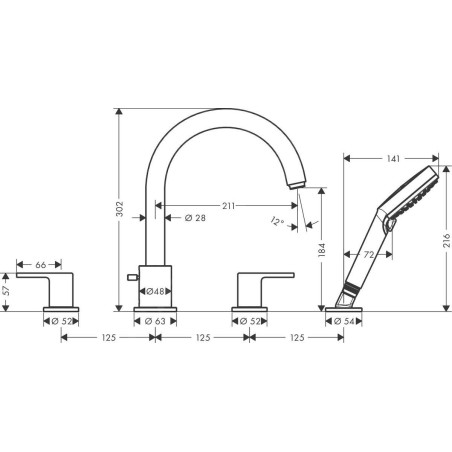 Hansgrohe Vernis Shape - Mitigeur sur le bord de baignoire, installation 4 trous, chrome 71459000