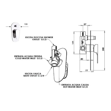 Sapho Corneli - Mitigeur encastré de douche avec corps d'encastrement, 2 sorties, chrome CE42