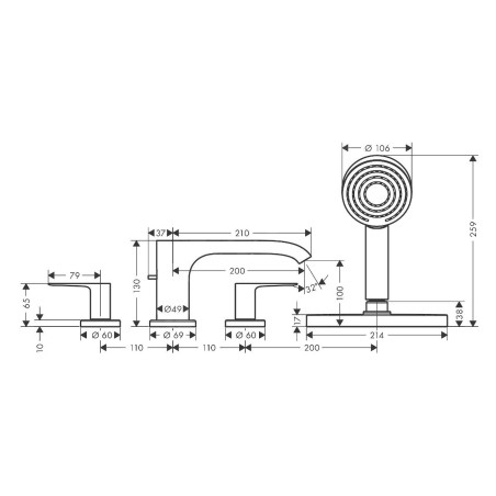 Hansgrohe Vivenis - Mitigeur sur le bord de baignoire, installation 4 trous, Sbox, chrome 75444000