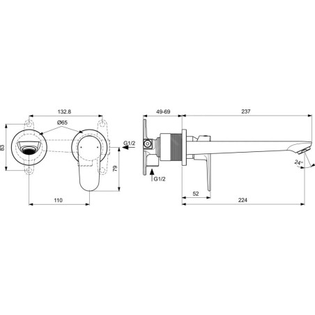 Ideal Standard Cerafine O - Mitigeur de lavabo encastré, installation 2 trous, noir BD133XG