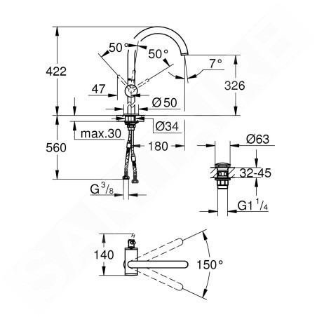 Grohe Atrio - Mitigeur de lavabo avec vidage et tuyau d’écoulement orientable, taille XL, chrome 32647003