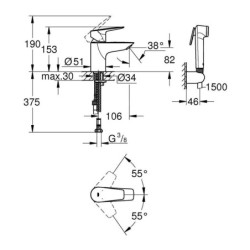 Grohe Start Edge - Mitigeur de lavabo avec douchette de bidet, chrome 23773001