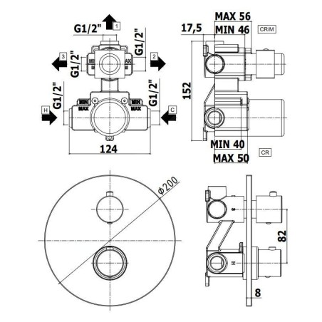 Paffoni Light - Mitigeur thermostatique de douche, encastré, avec corps d’encastrement, 3 sorties, noir mat LIQ019NO