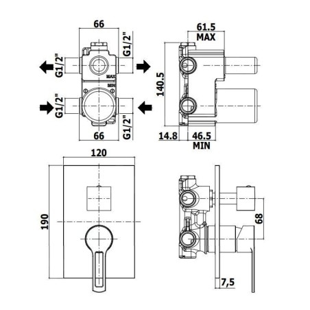 Paffoni Ringo - Robinetterie de douche encastrée avec corps d’encastrement, 2 sorties, noir mat RIN018NO/M