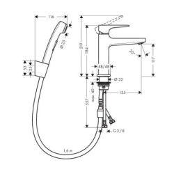 Hansgrohe Metropol - Mitigeur pour lavabo avec douchette Bidette, chrome 32522000