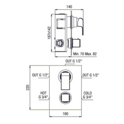 Sapho Dimy - Mitigeur thermostatique encastré de douche, avec corps d'encastrement, 3 sorties, chrome DM393