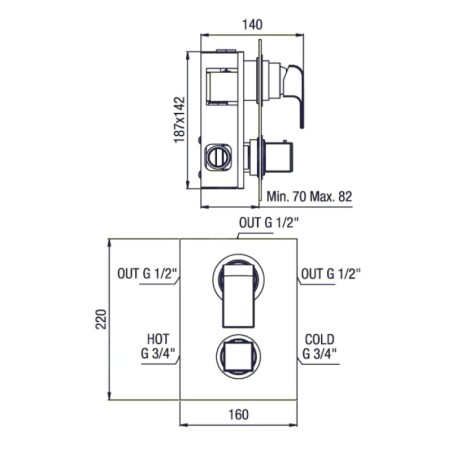 Sapho Dimy - Mitigeur thermostatique encastré de douche, avec corps d'encastrement, 3 sorties, chrome DM393