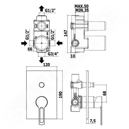 Paffoni Ringo - Robinetterie de douche encastrée avec corps d’encastrement et inverseur, 2 sorties, noir mat RIN015NO/M
