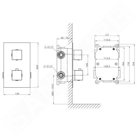 Sapho Latus - Mitigeur thermostatique de douche encastré, 2 sorties, chrome 1102-62