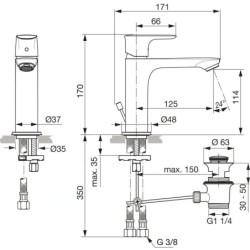 Ideal Standard Connect Air - Mitigeur de lavabo Grande Slim avec vidage, Silver Storm A7012GN