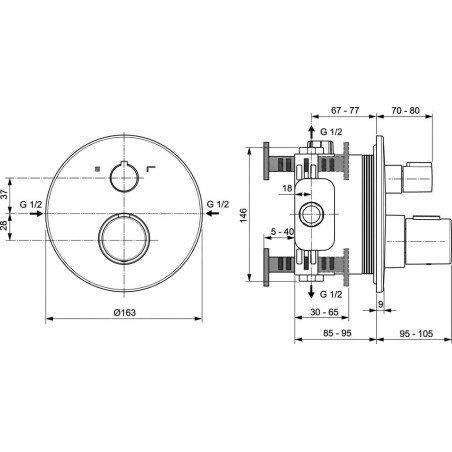Ideal Standard CeraTherm - Mitigeur thermostatique encastré T100 piles pour 2 sorties, noir A5815XG