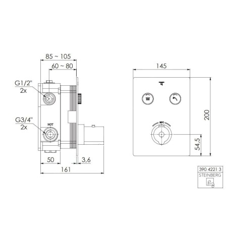 Steinberg 390 - Mitigeur thermostatique encastré pour 2 sorties, noir 390 4221 3 S