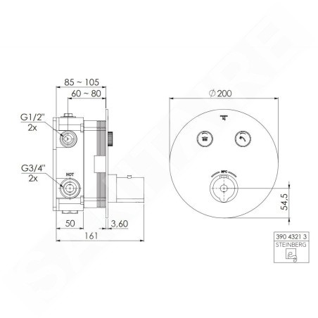 Steinberg 390 - Mitigeur thermostatique encastré pour 2 sorties, noir 390 4321 3 S