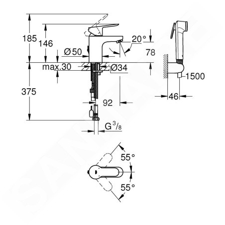 Grohe BauEdge - Mitigeur de lavabo avec douchette de bidet, chrome 23757000