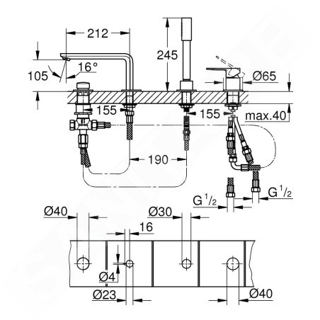 Grohe Lineare - Mitigeur pour montage sur bord de baignoire, installation 4 trous, supersteel 19577DC1
