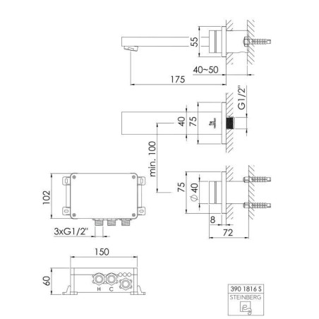 Steinberg iFlow - Mitigeur de lavabo électronique encastré avec thermostat, installation 2 trous, chrome 390 1816
