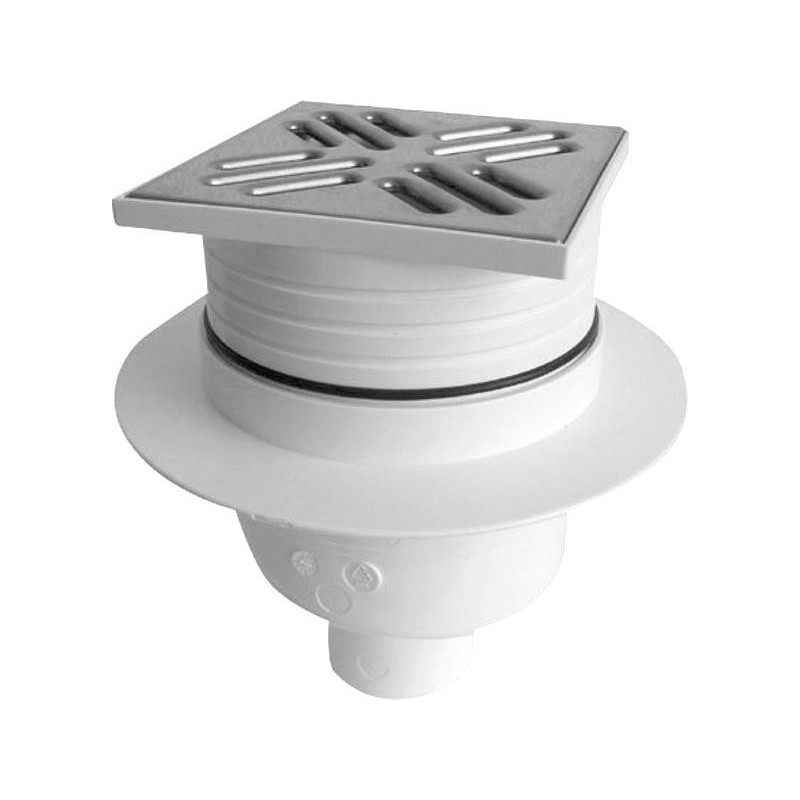 Drain de sol 105x105, sortie droite, DN50, grille en acier inoxydable poli