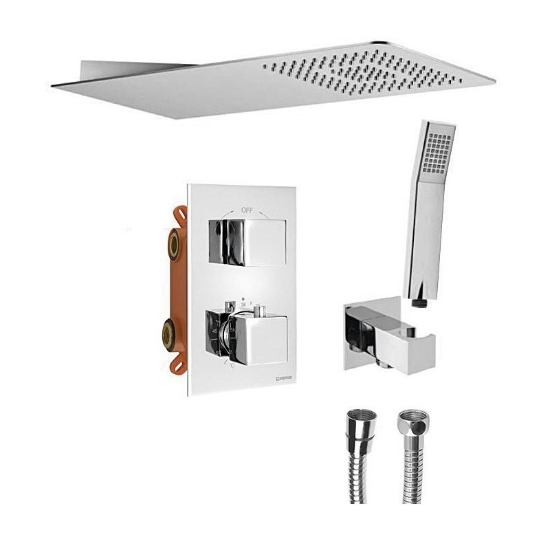 LATUS Set de douche en béton avec robinet de mélangeur thermostatique, boîte d'installation, 2 sorties, Chrome LATUS Set de douche en béton avec robinet de mélangeur thermostatique, boîte d'installation, 2 sorties, Chrome