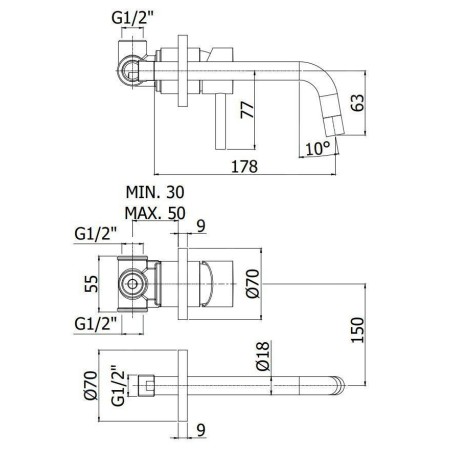 Paffoni Light - Mitigeur de lavabo encastré avec corps, installation de 2 trous, doré brossé LIG006HGSP70