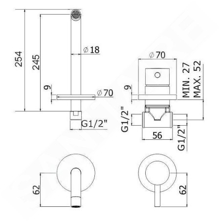 Paffoni Light - Mitigeur de lavabo encastré avec corps, installation de 2 trous, doré brossé LIG007HGSP70