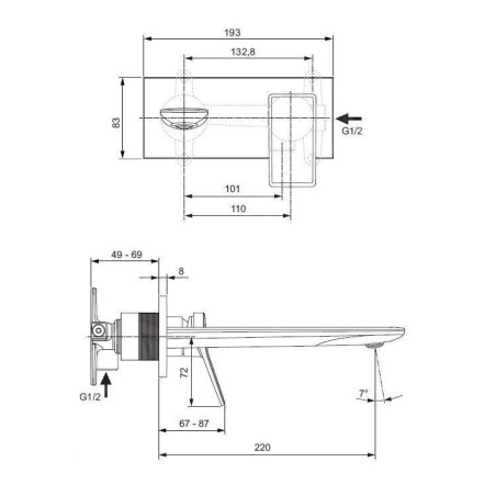 Ideal Standard Conca Tap - Mitigeur de lavabo encastré, bec 220 mm, chrome A7372AA